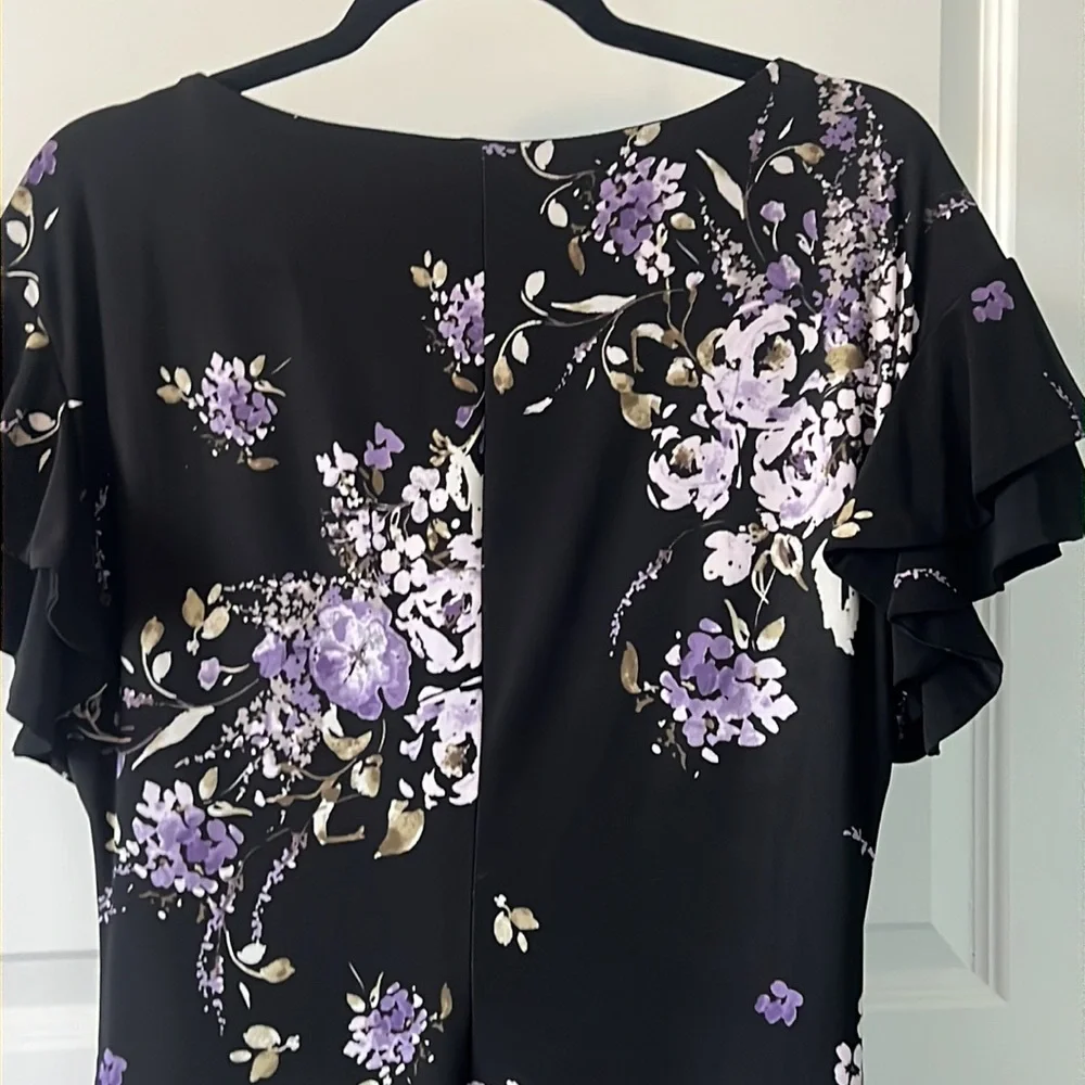Lauren black dark floral cinched dress SZ 14 black wrap style ruffle career - Picture 8 of 14